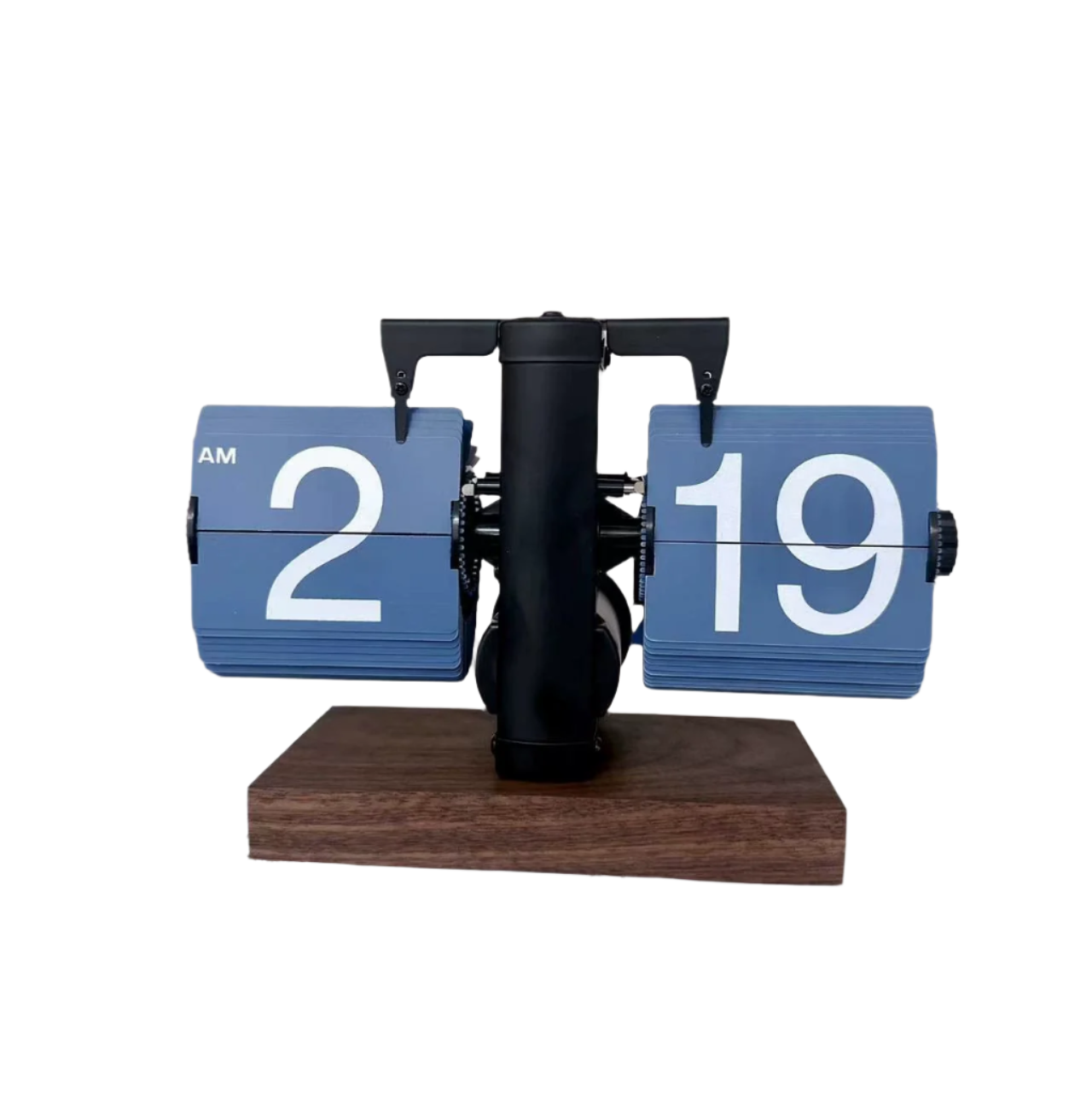 Blue retro flip down clock with a wooden base and split-flap numbers for a colorful desk, shelf, or nightstand Flipping_Clock_Blue_1 Flipping_Clock_Blue_2