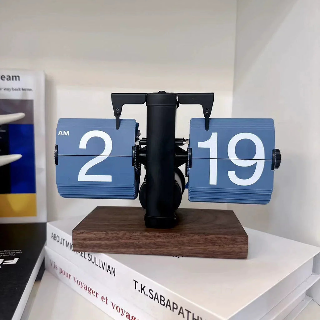 Blue vintage desk clock with flip cards styled on a bookshelf as retro home decor and a fun housewarming gift Flipping_Clock_Blue_1 Flipping_Clock_Blue_2