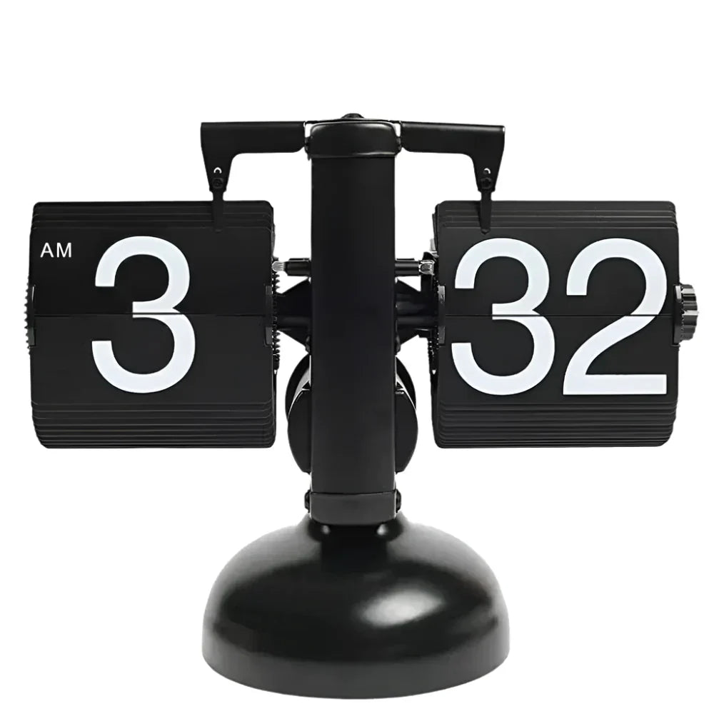 Black flip clock with a rounded metal stand and oversized numbers for an office desk, shelf, and living room Flipping_Clock_Black_1 Flipping_Clock_Black_2