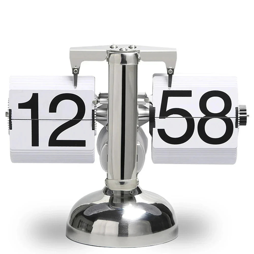 White mechanical flip clock with a chrome pedestal base as a retro nightstand and desktop timepiece for the home Flipping_Clock_White_1 Flipping_Clock_White_2