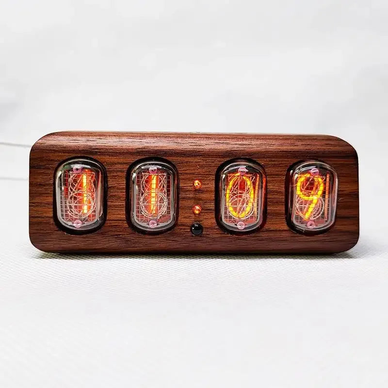 Glowing IN12 tube desk clock that doubles as ambient home office lighting and a retro accent for a work desk Black Walnut Horizontal