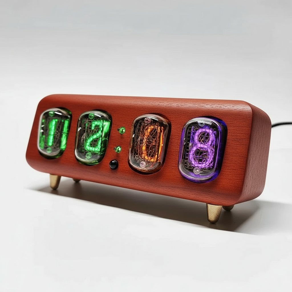 Handmade nixie tube clock pairing vintage glow tubes with a natural wood case for a warm vintage electronic look