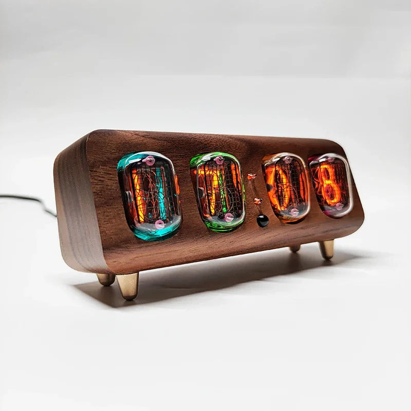 IN12 glow tube clock with an ambient light sensor that dims at night and stays readable in bright daytime rooms Black Walnut with Copper Legs