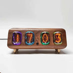 Vintage style nixie tube clock as a glowing living room shelf centerpiece and conversation piece for retro home decor Rosewood with Copper Legs