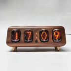 Nixie tube alarm clock with a soft amber night glow for a bedroom nightstand and a warm retro accent for any room Rosewood Horizontal