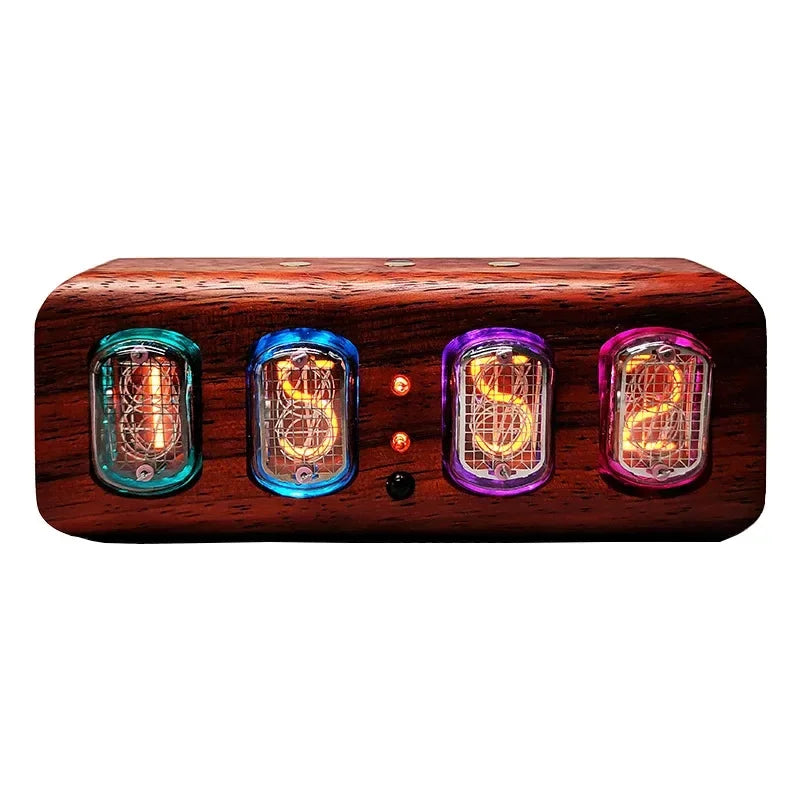 Steampunk desk clock with authentic glow discharge tubes and a wood base for an industrial vintage workspace accent Black Walnut Horizontal