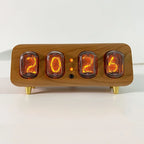 Retro electronic desk clock and unique tech gift idea for collectors who love glowing vintage nixie tube displays Rosewood with Copper Legs