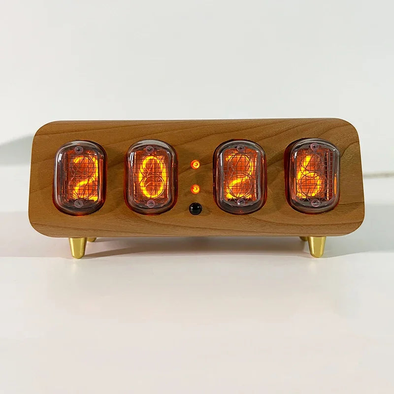 Retro electronic desk clock and unique tech gift idea for collectors who love glowing vintage nixie tube displays Rosewood with Copper Legs
