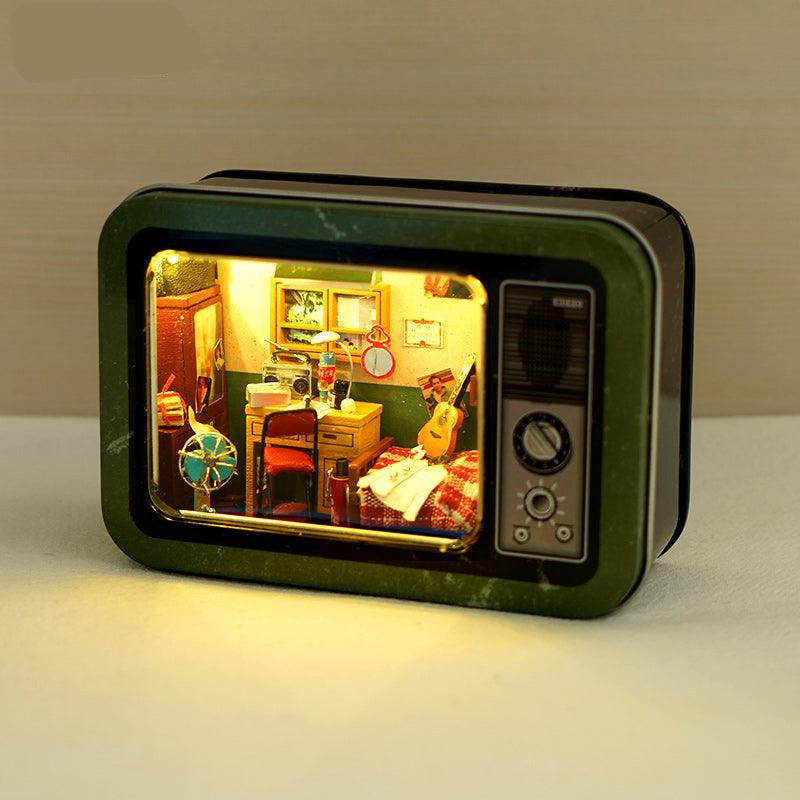 Green retro TV miniature dollhouse kit with working LED lights, a nostalgic 1:24 bedroom room box for shelf decor Green