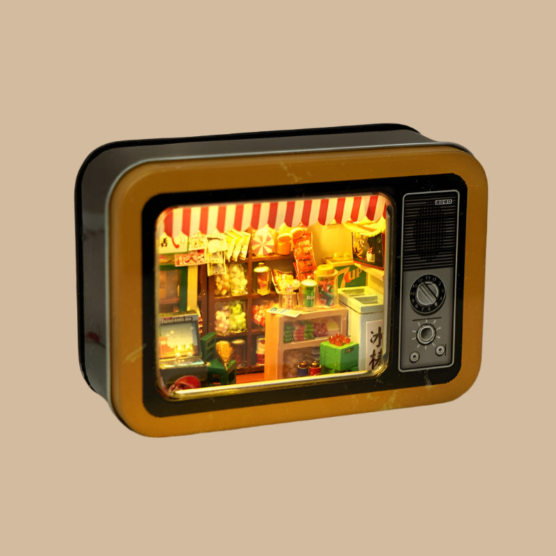 Yellow retro TV miniature dollhouse kit with LED lights, a 1:24 corner store room box and a vintage desk display Yellow