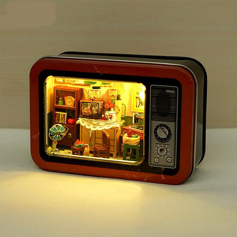 Red retro TV miniature dollhouse kit with warm LED lighting, a 1:24 vintage living room model for a desk or shelf Red