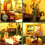 Miniature bedroom furniture and LED lit interior for the green retro TV dollhouse, a hands-on craft kit for adults Green