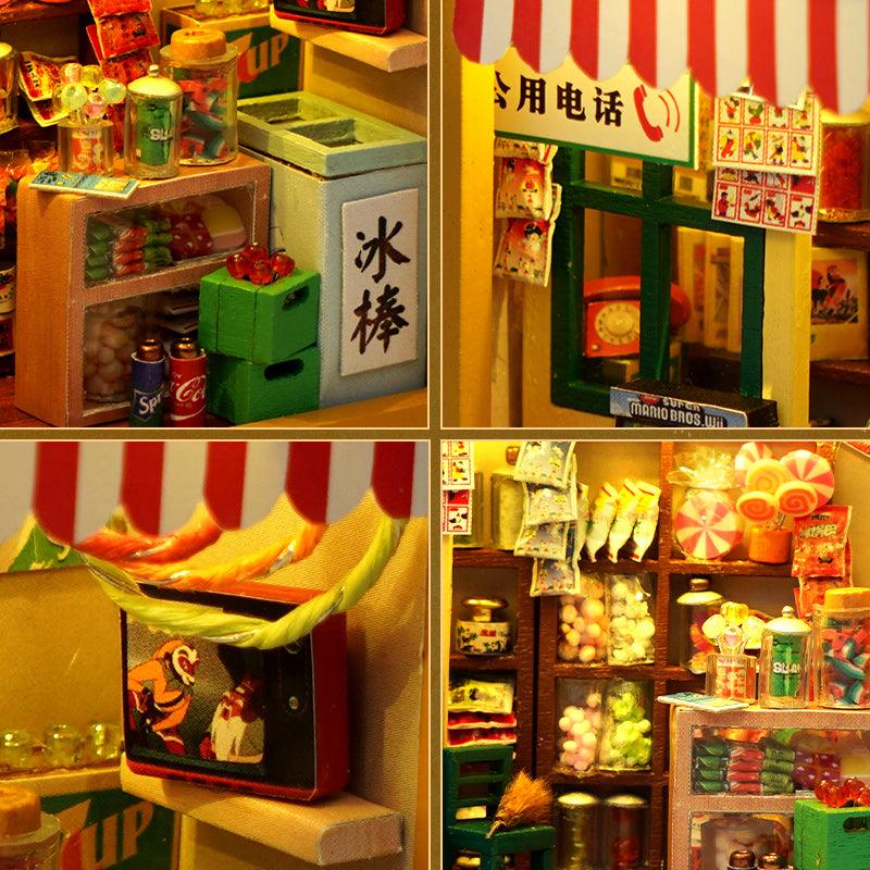 Miniature corner store shelves and retro details inside the yellow TV dollhouse kit, a 1:24 model for teen makers Yellow