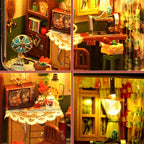 Miniature living room scene with a sewing machine and lamp in the red retro TV dollhouse, a nostalgic model kit Red