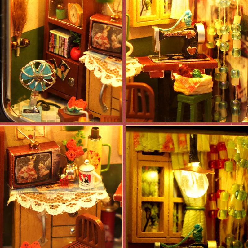 Miniature living room scene with a sewing machine and lamp in the red retro TV dollhouse, a nostalgic model kit Red