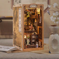 Lamplit miniature Chinese scholar study book nook kit with antique shelves and ink painting for a bookshelf