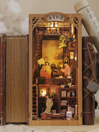Classical Chinese study book nook lit between real books with hanging scroll art, lanterns, and antique shelves