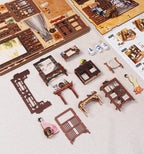 Laser-cut wooden furniture and figures for a miniature Chinese study book nook, a craft model kit for adults