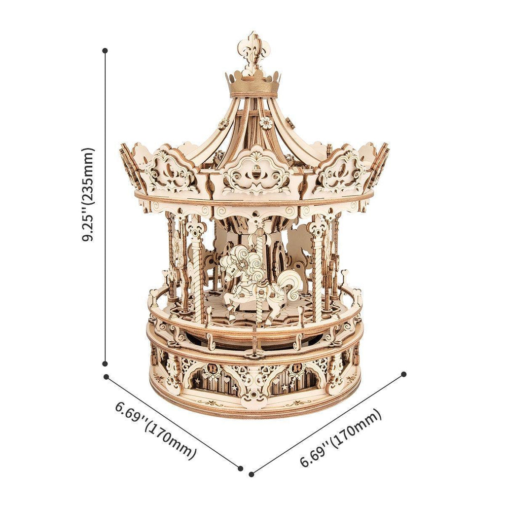 Wooden carousel music box standing 235 mm tall with a 384 piece build, a wind up mechanical puzzle and birthday gift idea
