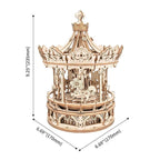 Wooden carousel music box standing 235 mm tall with a 384 piece build, a wind up mechanical puzzle and birthday gift idea