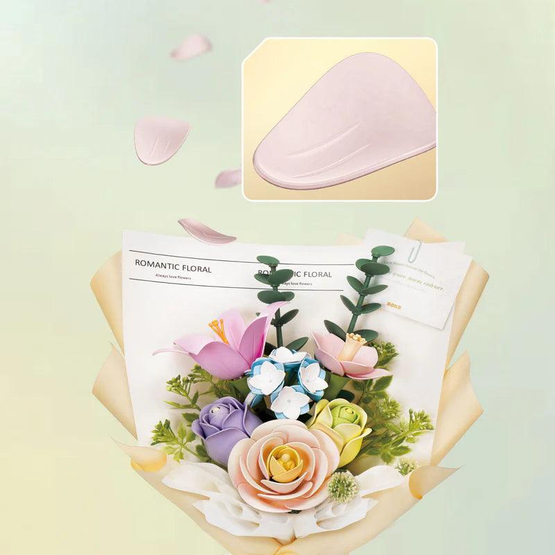 Camellia lily and rose bouquet assembled as a diy 3d puzzle bouquet with realistic petals and rich floral color