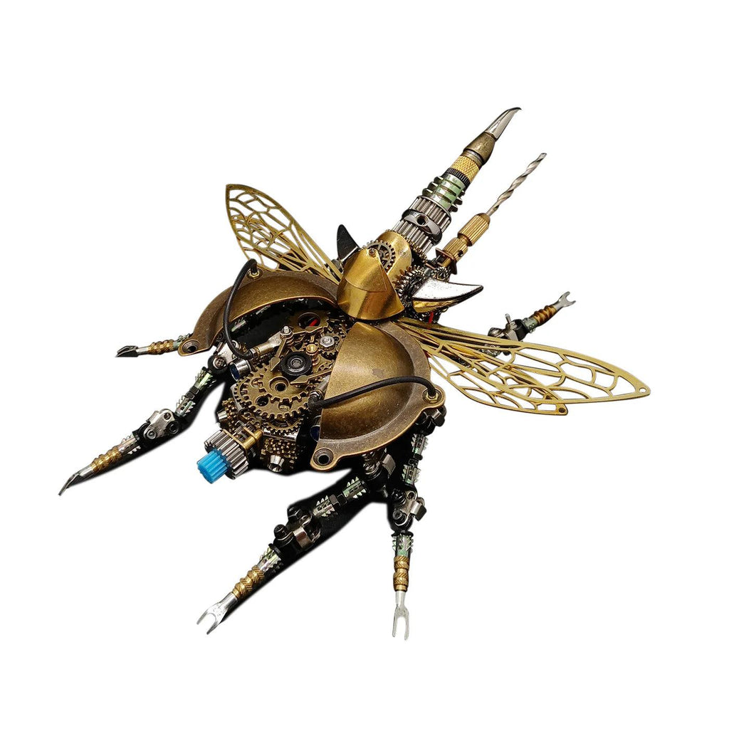 3D metal mechanical beetle model kit with voice activated light and rotating body as interactive adult desk decor