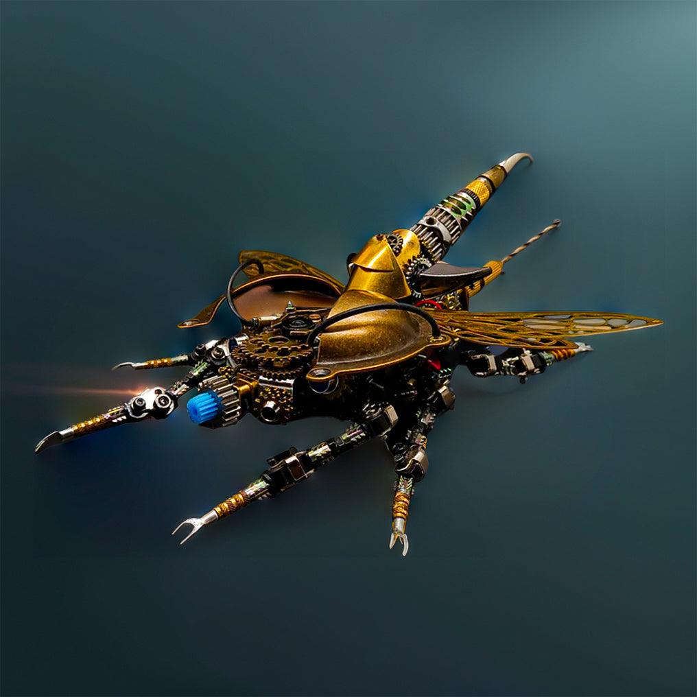 Mechanical beetle metal model kit in stainless steel, iron and copper that builds a posable insect sculpture