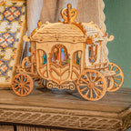 Assembled wooden carriage with colorful arched windows, vintage home decor and shelf display for history enthusiasts
