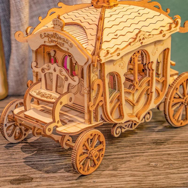 Wooden royal carriage with coachman seat and fine scrollwork, a beginner 1.5 hour building project for teens and adults