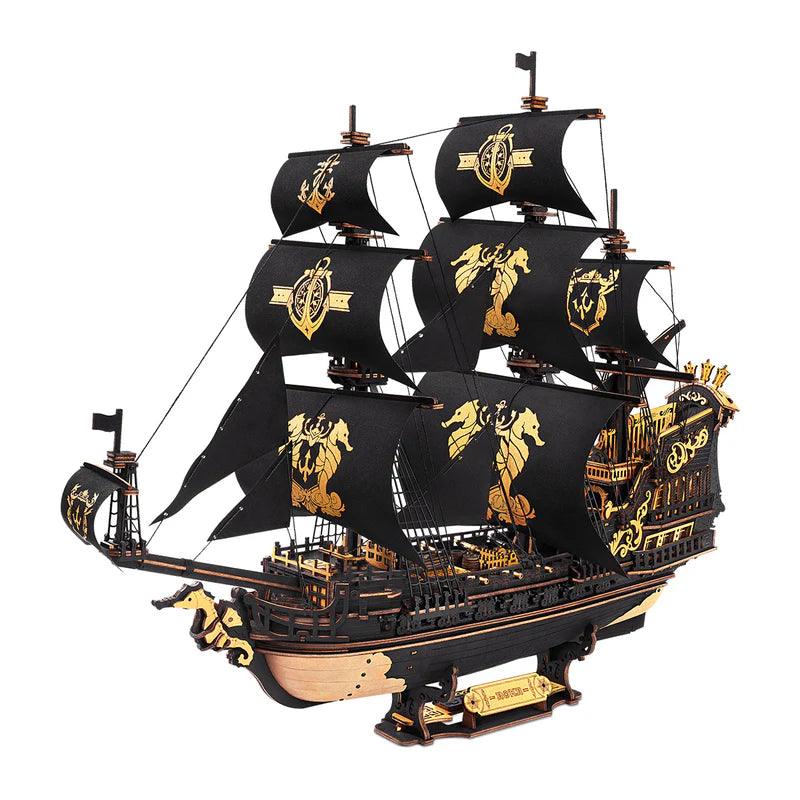 Black and gold Royal Galleon Warship 3D wooden ship model kit, a tall man of war pirate ship puzzle for adult collectors
