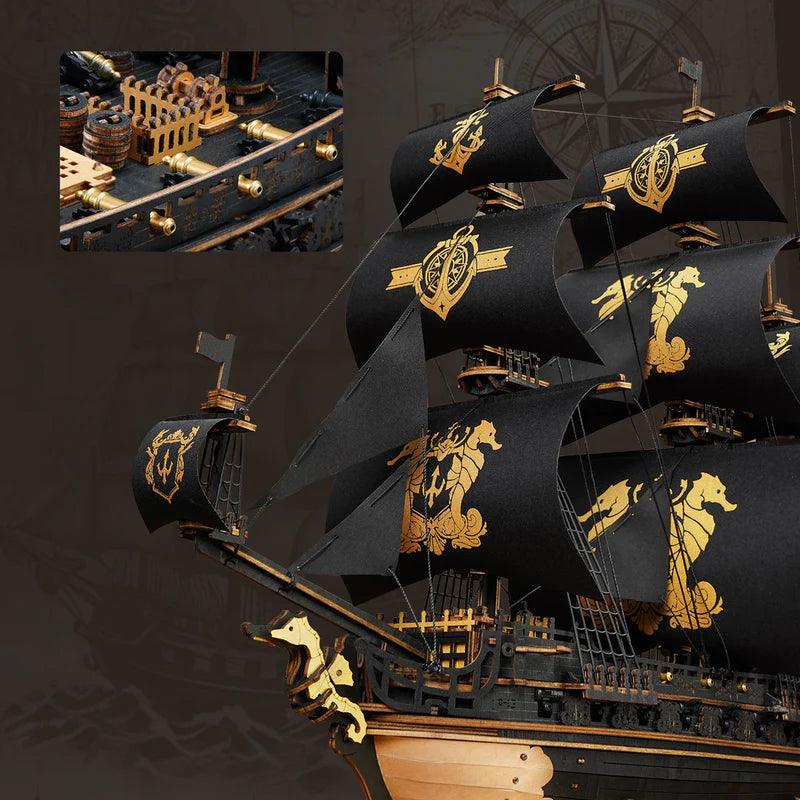 Detailed gun deck with 26 retractable cannons on a 603 piece wooden galleon warship kit for adult naval history fans