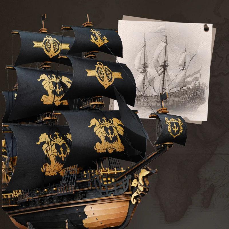 Thirteen black and gold sails with seahorse and anchor emblems on a tall pirate ship wooden puzzle for adult hobbyists