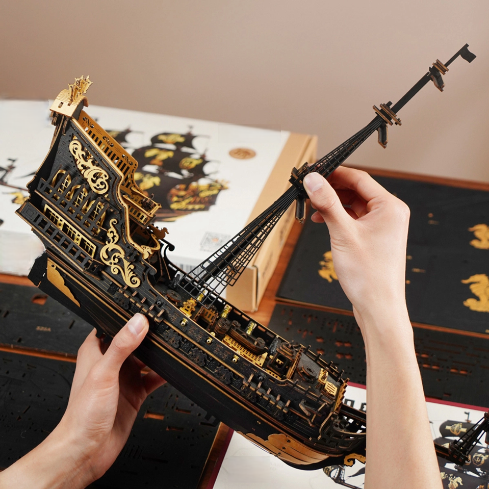 Laser cut plywood galleon warship kit assembling with no glue mortise and tenon joints, 3d wooden ship puzzle for adults