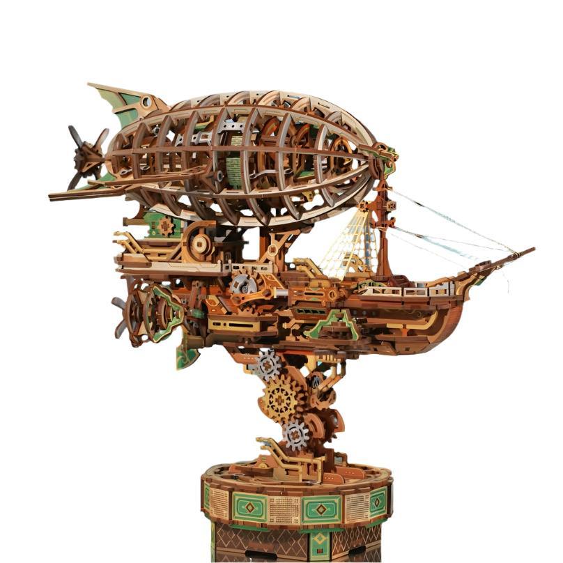Sailing In Fog 3D wooden airship puzzle, a steampunk blimp model kit with a balloon hull and hanging gondola for adults