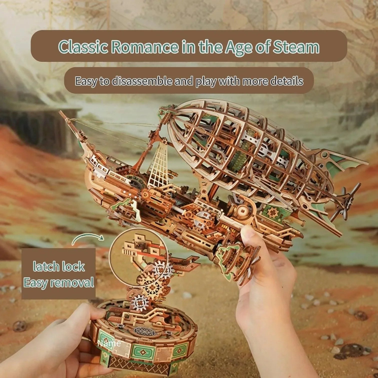 Sailing In Fog steampunk airship with a latch lock base for easy disassembly, a playable wooden model kit for adults