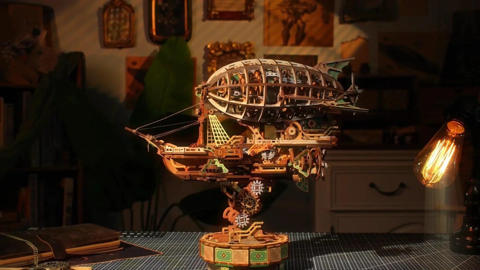 Sailing In Fog wooden airship model on a desk among books and warm light, a display piece for puzzle enthusiasts