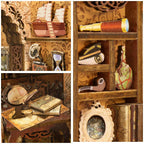 Model sailing ship, brass telescope and a captain hat on tavern shelves, a maritime book nook kit gift for sailors