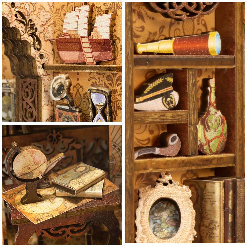 Model sailing ship, brass telescope and a captain hat on tavern shelves, a maritime book nook kit gift for sailors