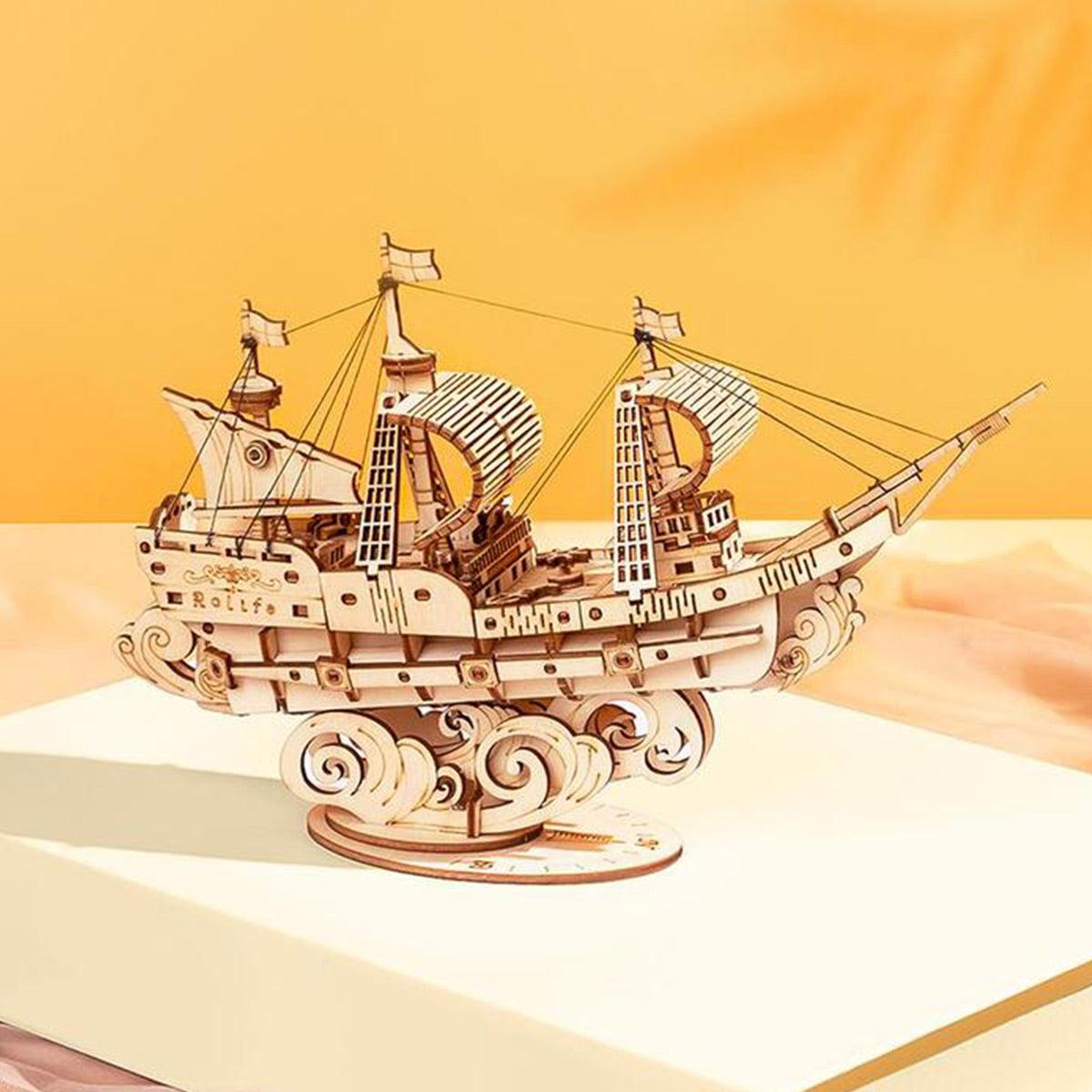 Sailing ship 3D wooden puzzle built from 118 laser-cut pieces, a nautical tall ship model for a desk or shelf display
