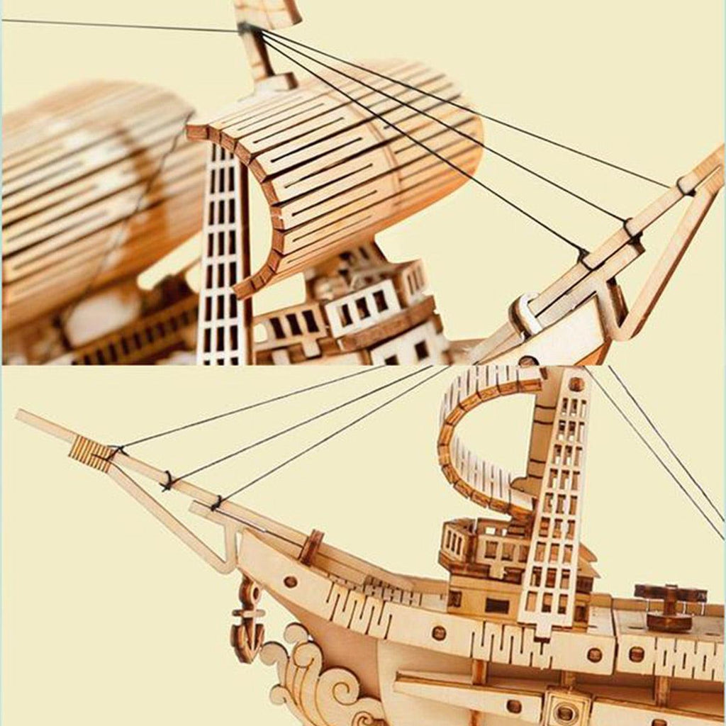 Wooden sailing ship model with a detailed hull and rigged masts, a maritime decor piece for a living room, office, or study