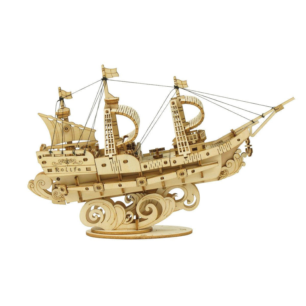 Assembled tall ship model as coastal and maritime decor for a desk, bookshelf, or mantel, a relaxing hands-on wooden puzzle