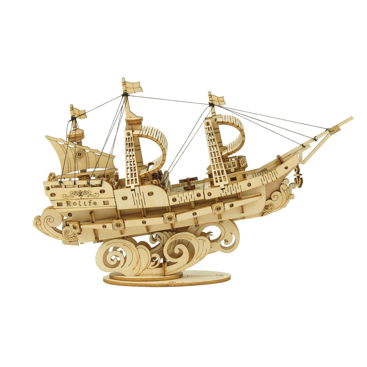 Assembled tall ship model as coastal and maritime decor for a desk, bookshelf, or mantel, a relaxing hands-on wooden puzzle