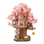 Sakura tree house 3D wooden puzzle with pink cherry blossoms and a working swing, a 535 piece treehouse model for adults