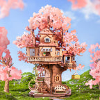 535 laser-cut basswood pieces that build a two-story cherry blossom treehouse, an intermediate wooden model kit for adults