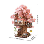 Cherry blossom treehouse kit with a working swing and wind-up pulley, a 3D wooden puzzle for adult crafters and model makers