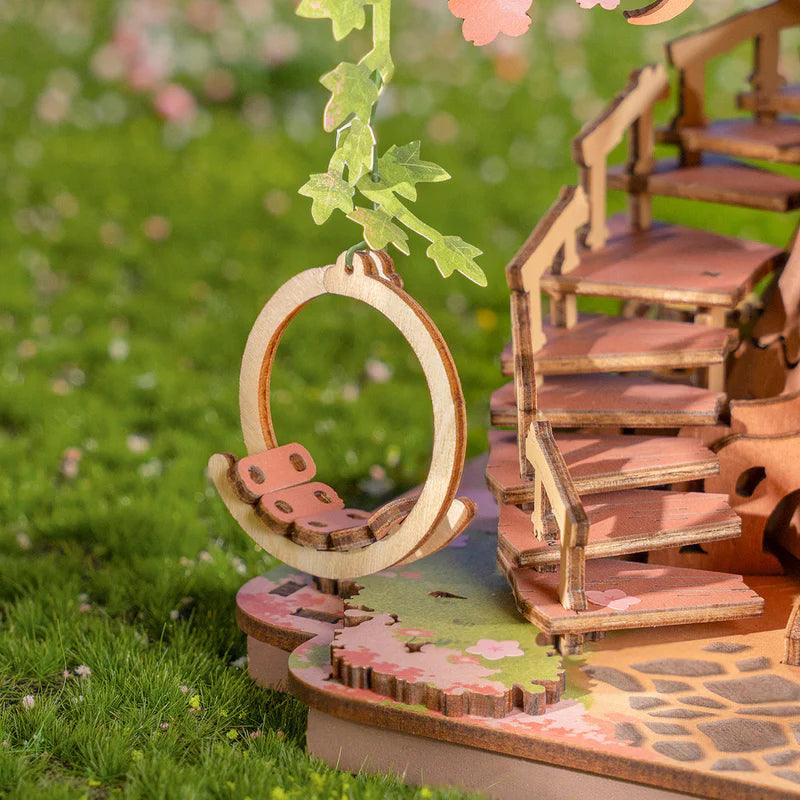 Finished sakura treehouse wooden puzzle as desk decor and a shelf centerpiece for cherry blossom and Japanese decor fans
