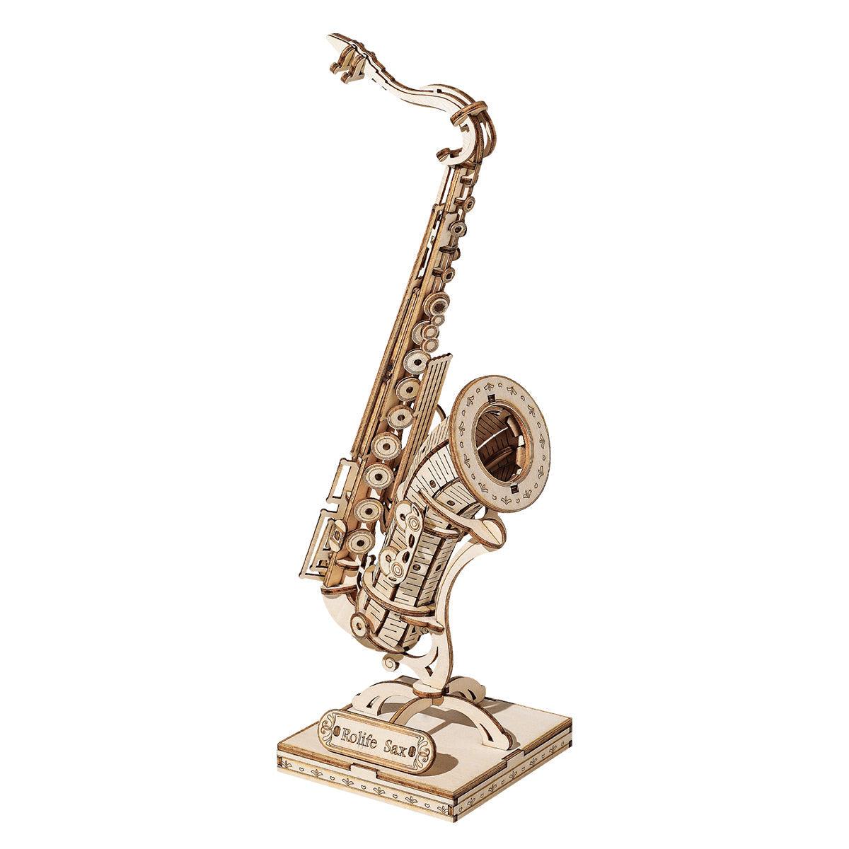 Wooden saxophone 3D puzzle kit built into a display model on a stand, desk decor and gift for music lovers