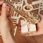 Glue free saxophone model kit with 136 interlocking wooden pieces to assemble, a relaxing hands on build for beginners