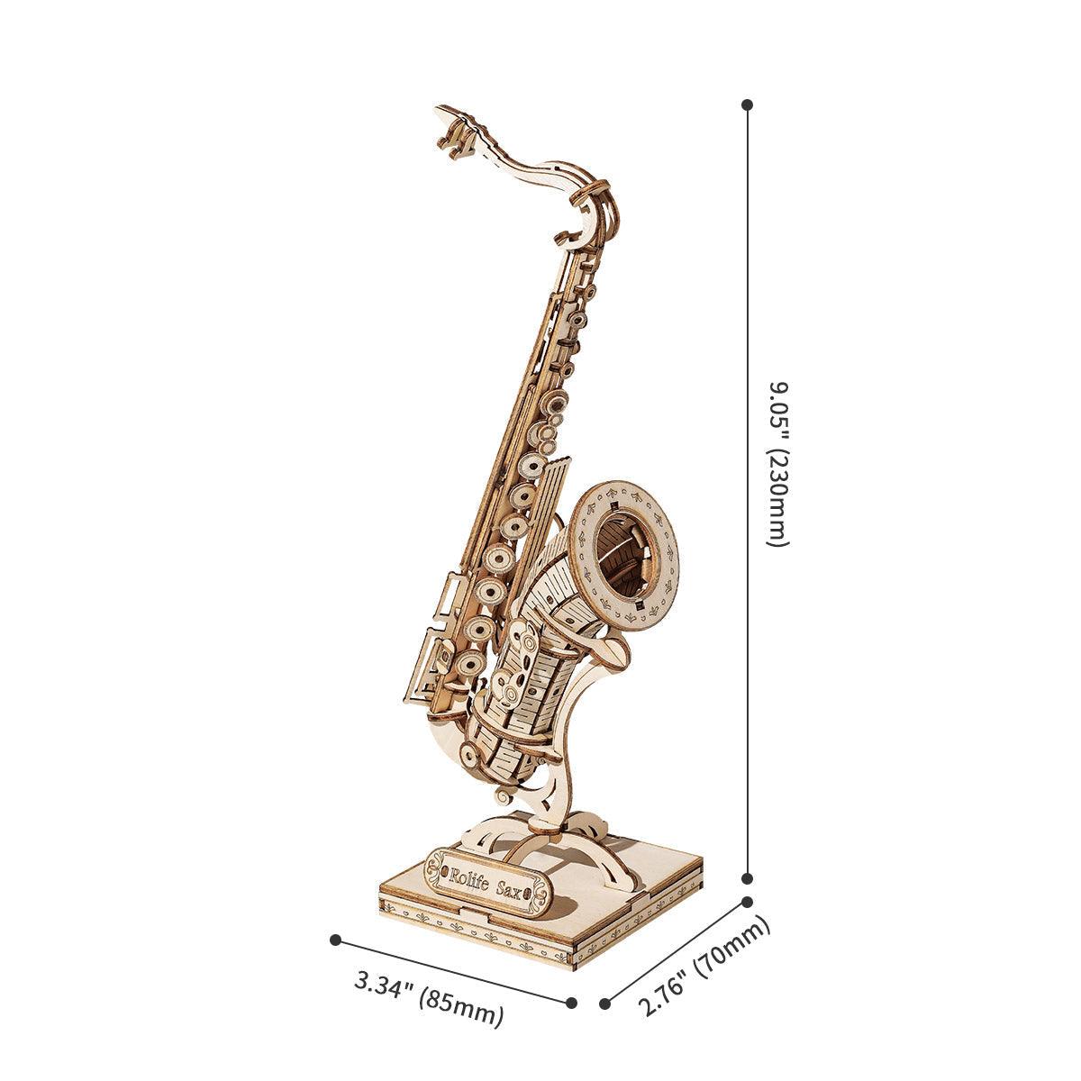 Wooden saxophone puzzle model standing about 9 inches tall, a compact desk display and music themed gift for hobbyists