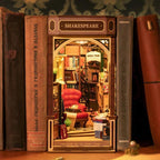 Shakespeare book nook slotting between real books as a bookshelf insert, a Tudor bookshop bookend for bibliophiles